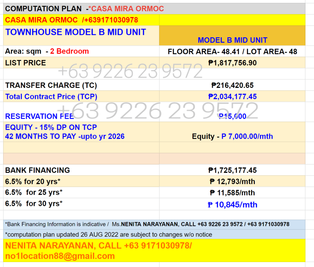 casa mira ormoc model B mid unit MODEL B - MID computation plan