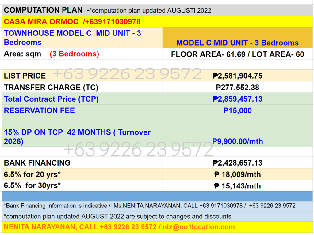 casa mira ormoc model B end unit MODEL C MID computation plan