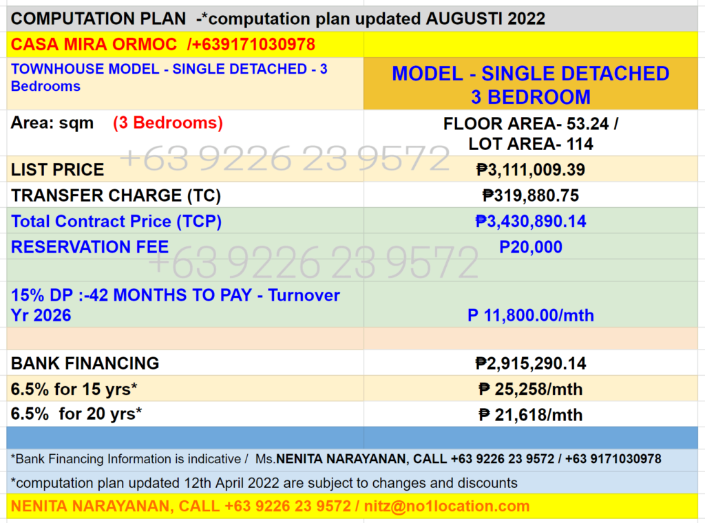 casa mira ormoc model C mid unit SINGLE DETACHED computation plan