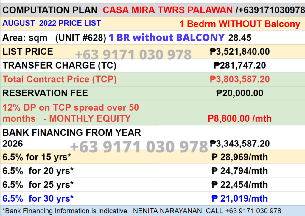 Casa Mira Towers Palawan | Below P2.99M | Condo for Sale in Palawan, Puerto Princesa | 12 COMPUTATION 1 BR WITH OUT BALCONY
