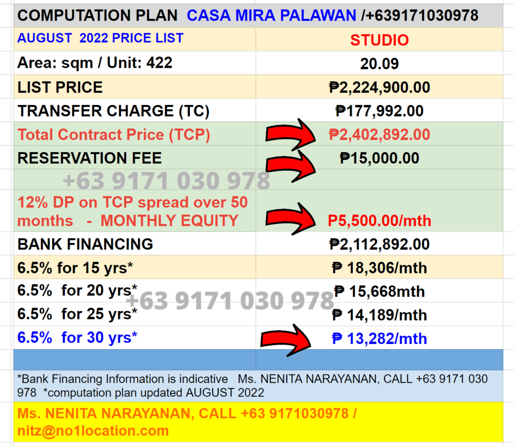 Casa Mira Towers Palawan | Below P2.99M | Condo for Sale in Palawan, Puerto Princesa | 11 casa mira towers palawan studio computation plan