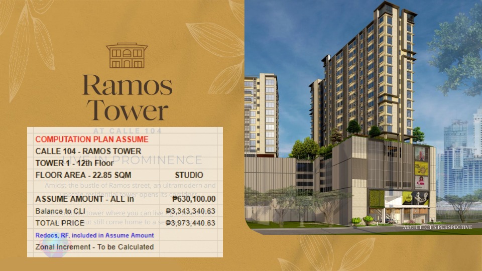 Studio condominium unit at Calle 104 Ramos Tower, 12th floor, 22.85 sqm, located in Midtown Cebu between Ramos and Ranudo Streets, offered as an assume unit with low equity commitment.